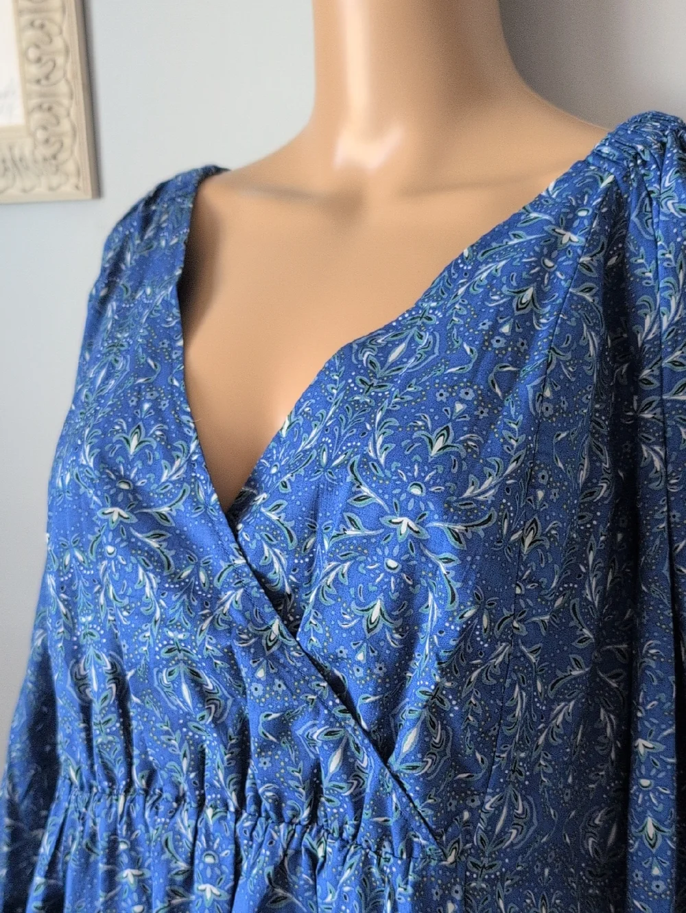 Boho Blue Cotton Floral Midi Dress Balloon Sleeve Cottagecore Romantic 2X - Picture 9 of 16